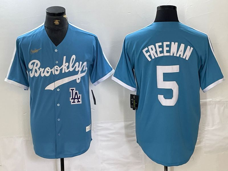 Men Los Angeles Dodgers 5 Freeman Light blue Throwback 2024 Nike MLB Jersey style 2